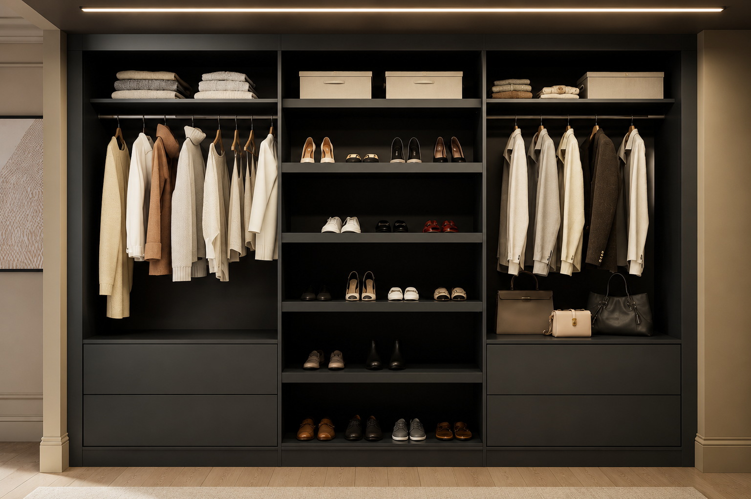A modern closet with hanging clothes, shelves of shoes, handbags, and storage boxes.