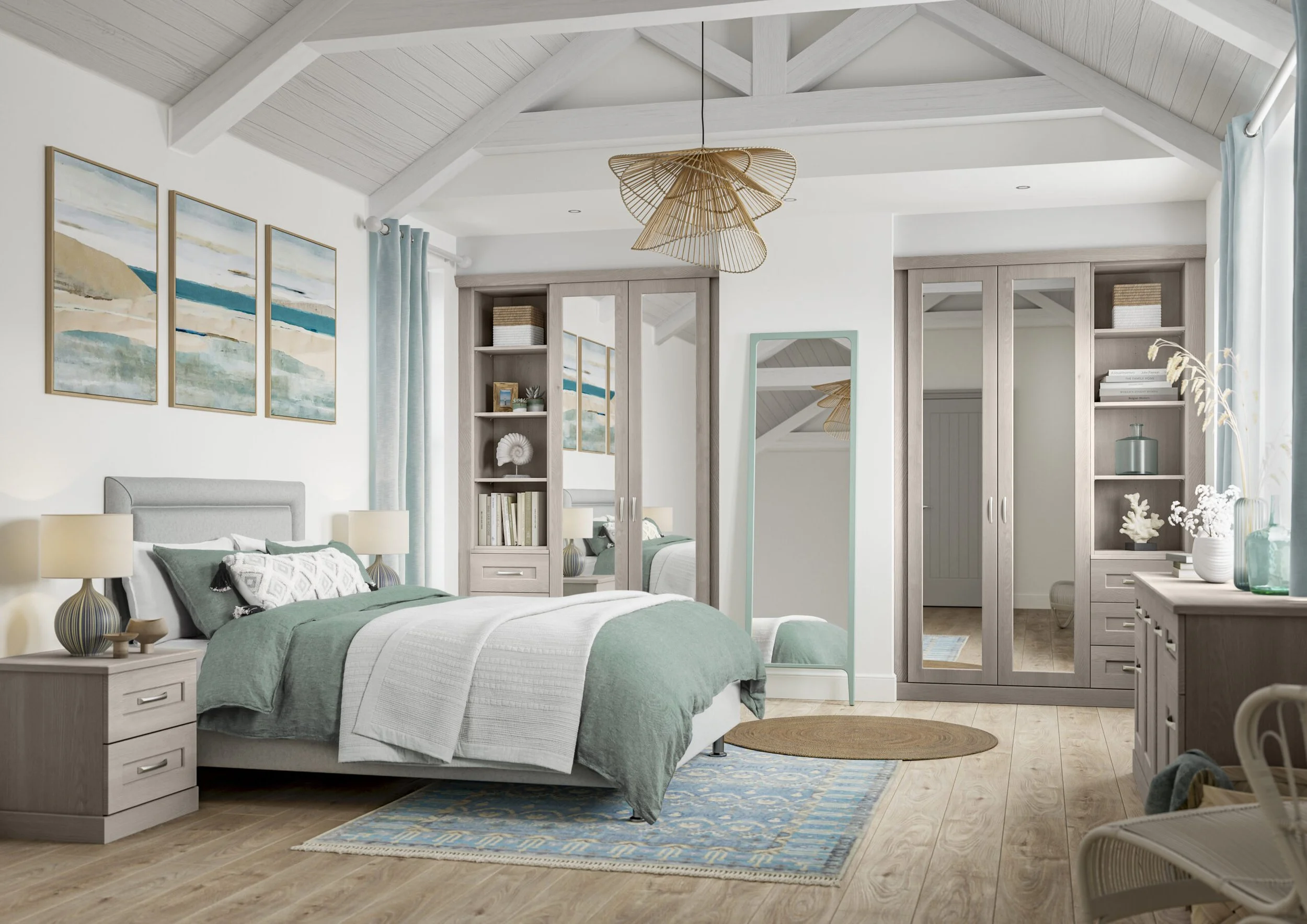A bedroom interior featuring a bed with white and green bedding, a wooden nightstand with a striped lamp, artwork on the wall, a floor mirror, open closet shelves with books and decorative items, light-colored wooden cabinetry, a rattan pendant light