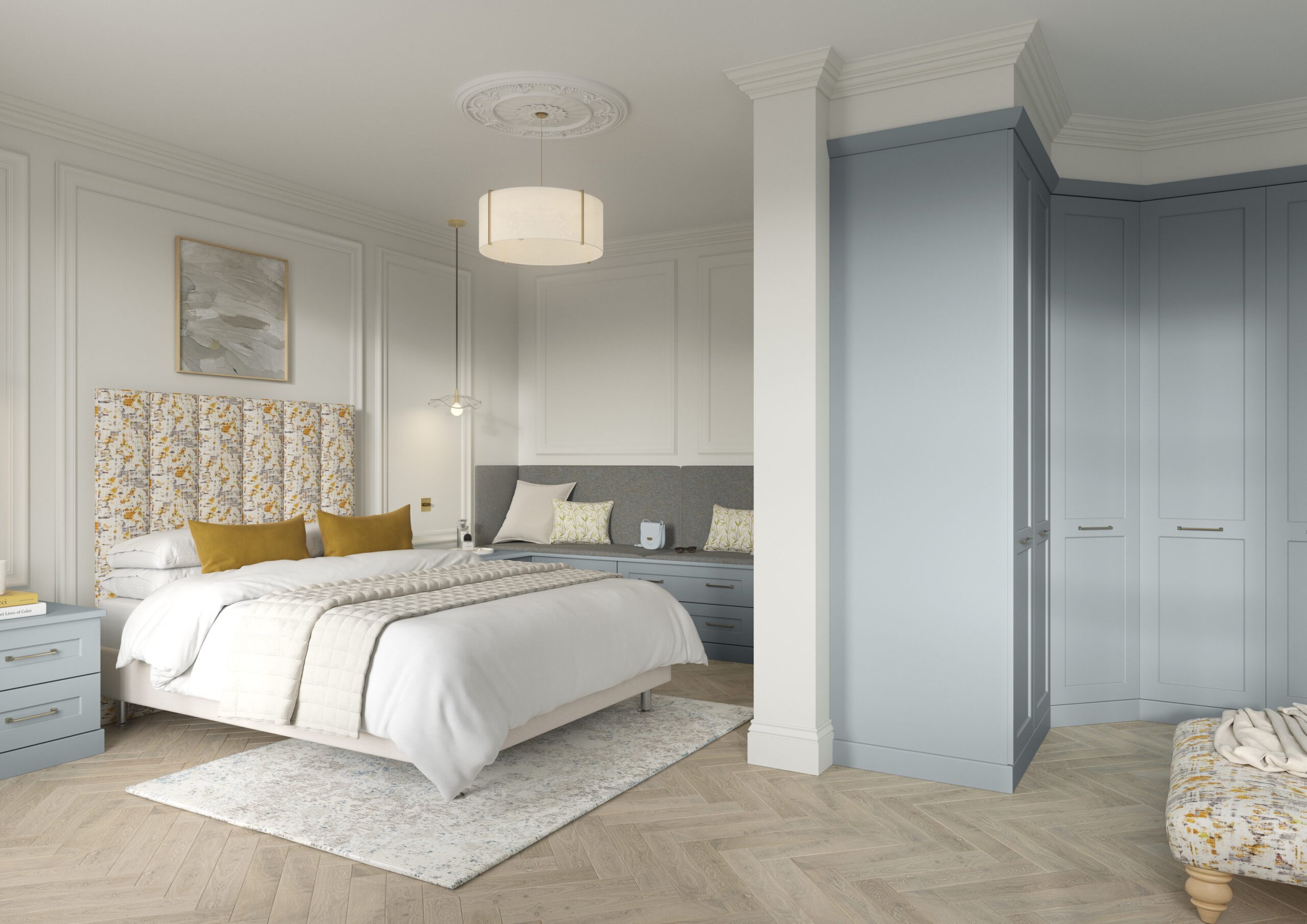 A modern bedroom with a white bed, yellow pillows, abstract artwork on the wall, a blue wardrobe, and a light-colored wooden floor.