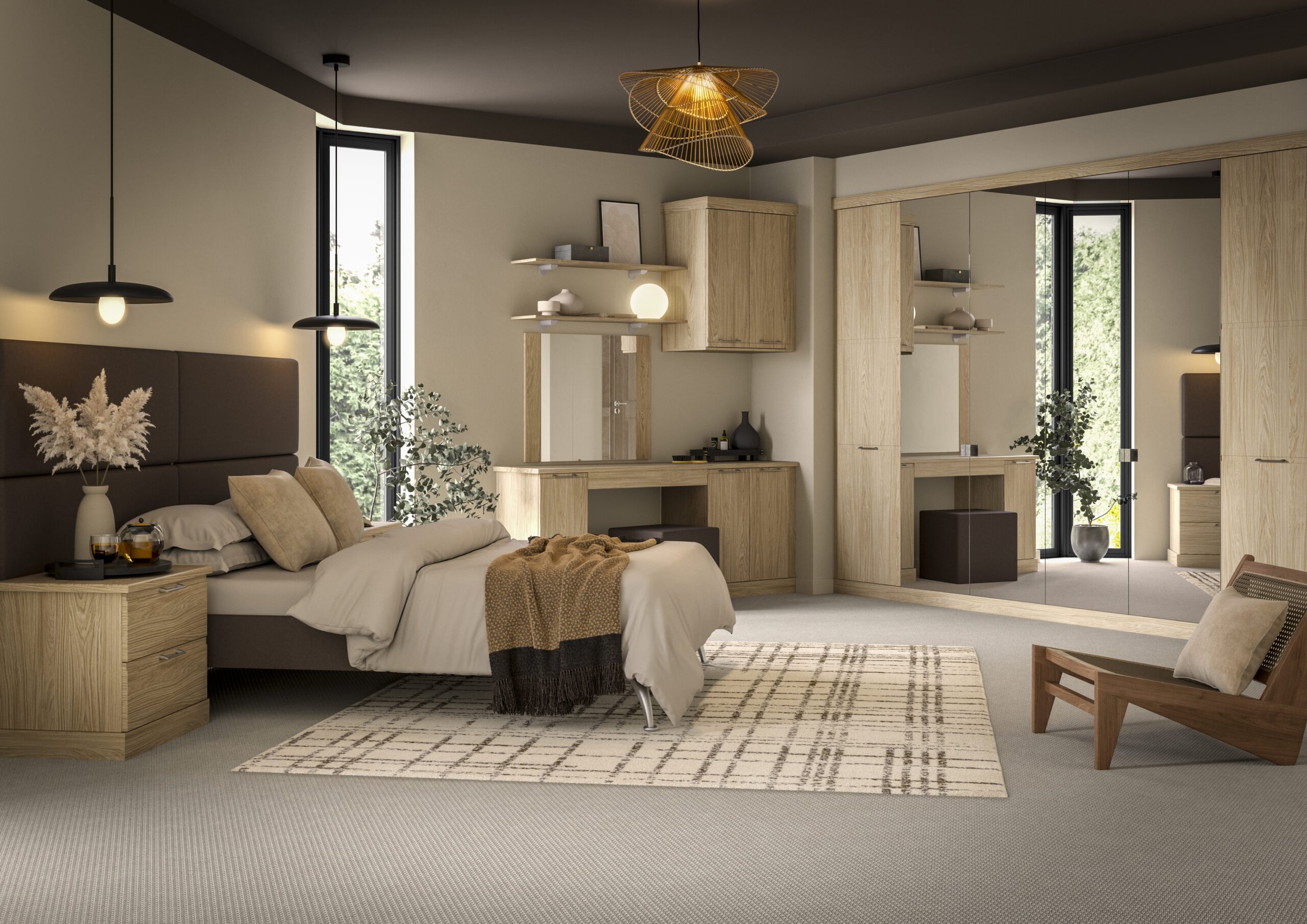 Modern bedroom with beige and wooden accents, large windows, bed with beige bedding, nightstand with flowers, and decorative lighting fixtures.