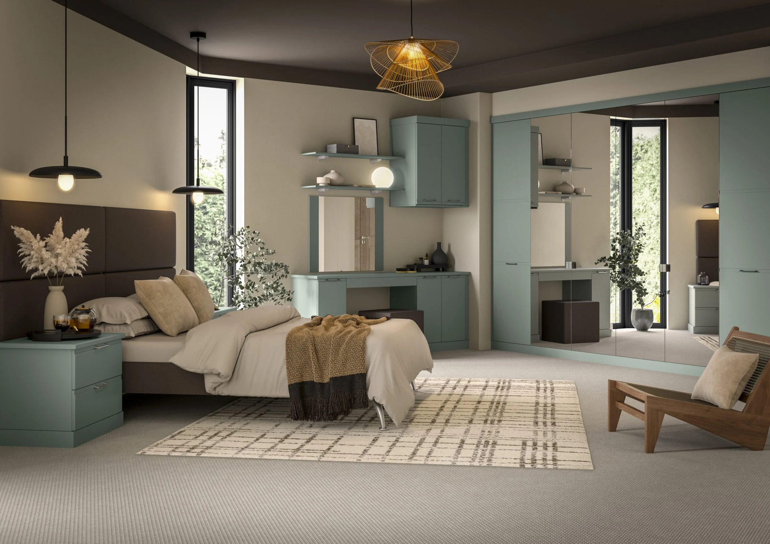 Interior of a modern bedroom with a bed, nightstand, and decorative items, surrounded by large windows letting in natural light, with a mirrored closet and minimalist decor.