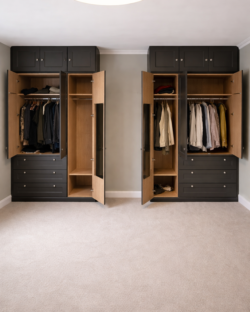 Two open wardrobes with black cabinets above and drawers below, containing hanging clothes and some folded clothing on shelves, set against a beige wall and beige carpeted floor.