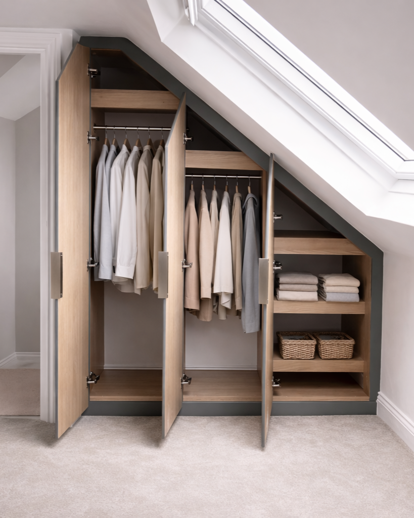Closet with open wooden doors under a sloped ceiling, containing hanging clothes and shelves with folded towels and baskets.
