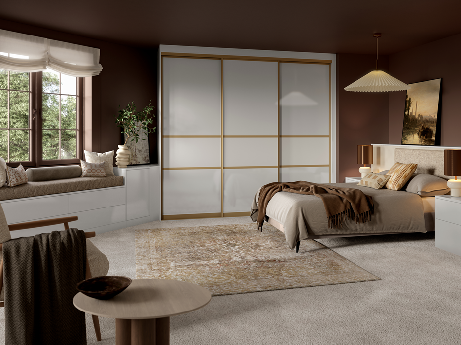 Modern bedroom with large bed, white and beige color scheme, sliding wardrobe, window seat with cushions, and art painting on the wall.