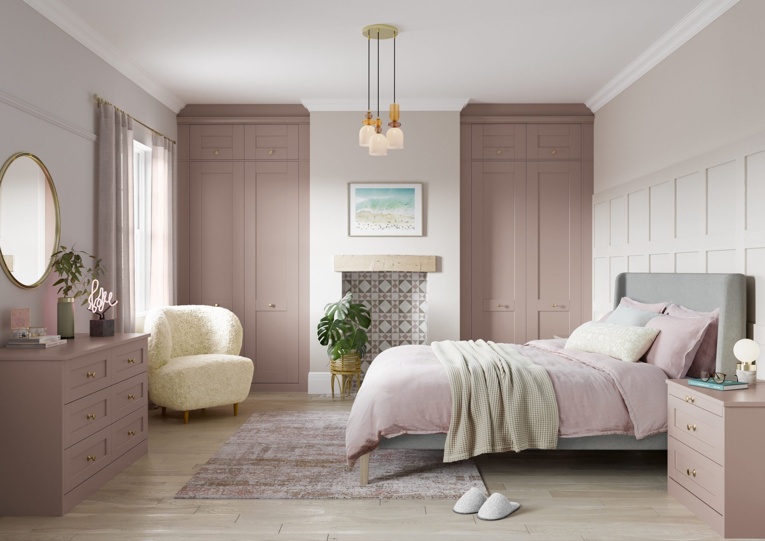A bedroom with light pink built-in cabinets, a bed with pink bedding, a beige plush chair, plants, and a ceiling light fixture with multiple shades.