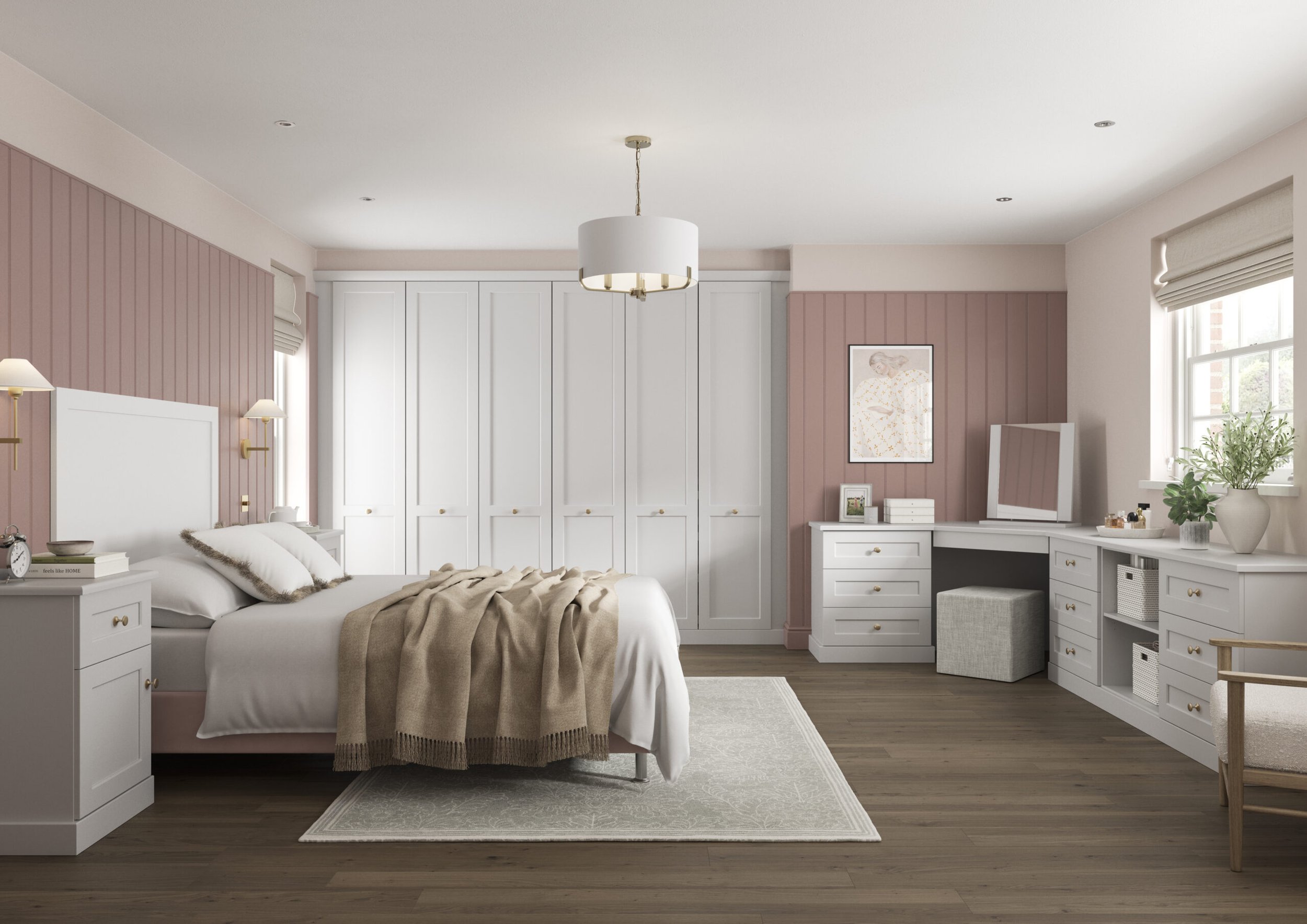 A bedroom with a white bed, pink wall paneling, white furniture, and a chandelier. There are windows with white shades and various decorative items on the furniture.