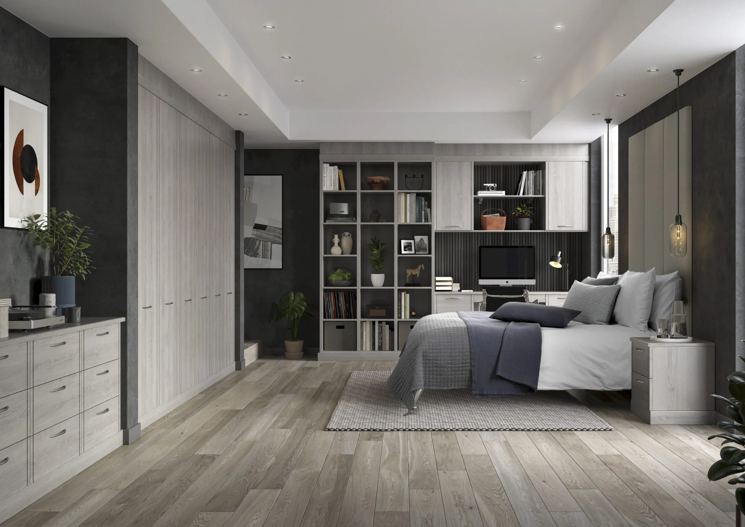 Modern bedroom with white and dark gray walls, wooden flooring, a bed with gray and white linens, a black shelving unit with books and decor, a flat-screen TV, and a window with natural light.