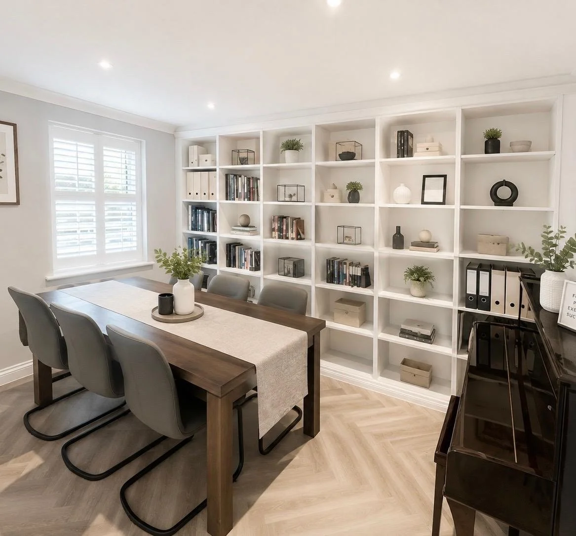 A modern dining room with a wooden table, six grey chairs, a white table runner, and minimalist decor including vases and plants. A large white bookshelf filled with books and decorative objects lines one wall, and a window with white shutters provides natural light. There is a black upright piano on the right side.