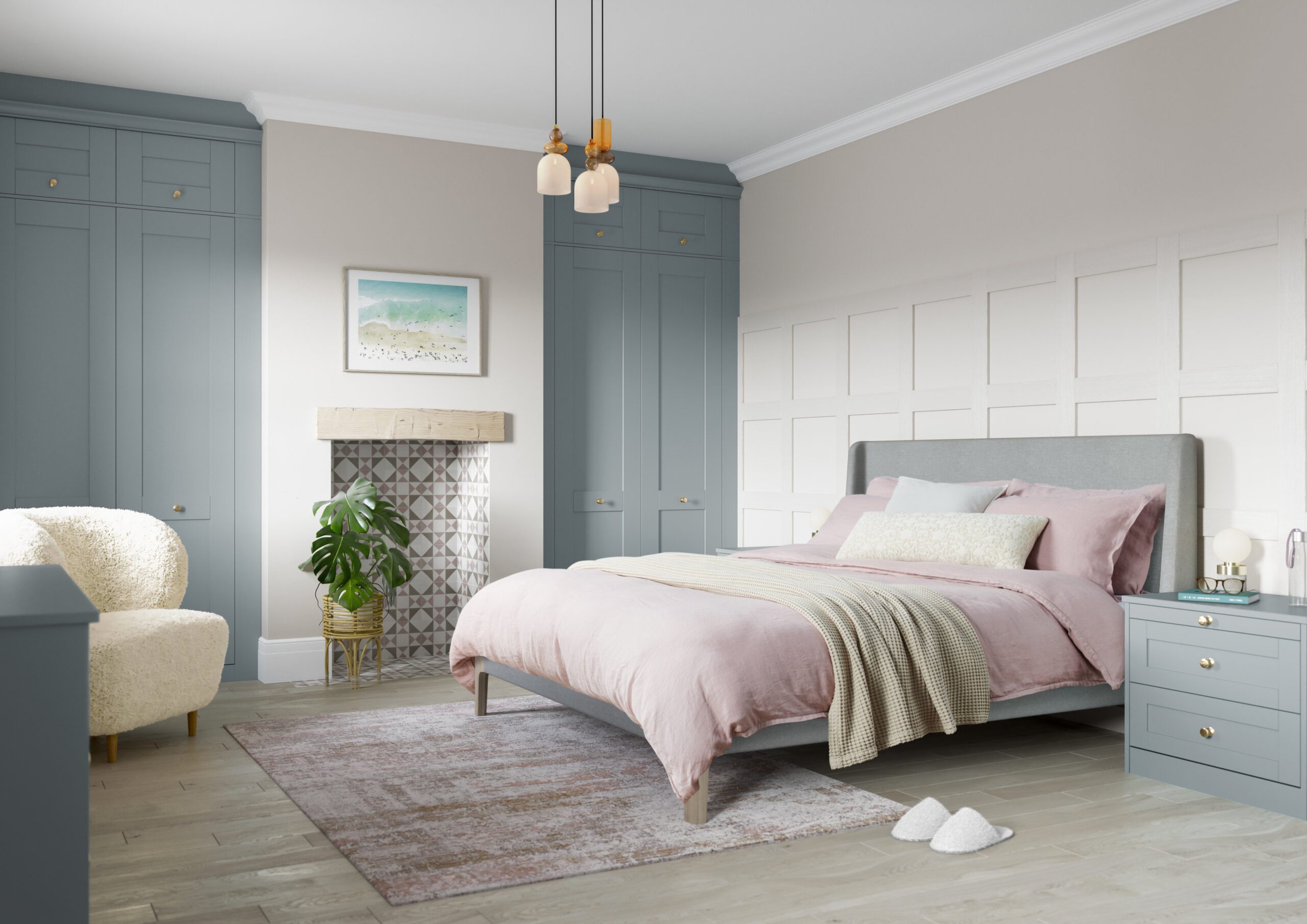A bedroom with blue and white walls, a bed with pink and beige bedding, a nightstand with a lamp, a potted plant, and artwork on the wall.