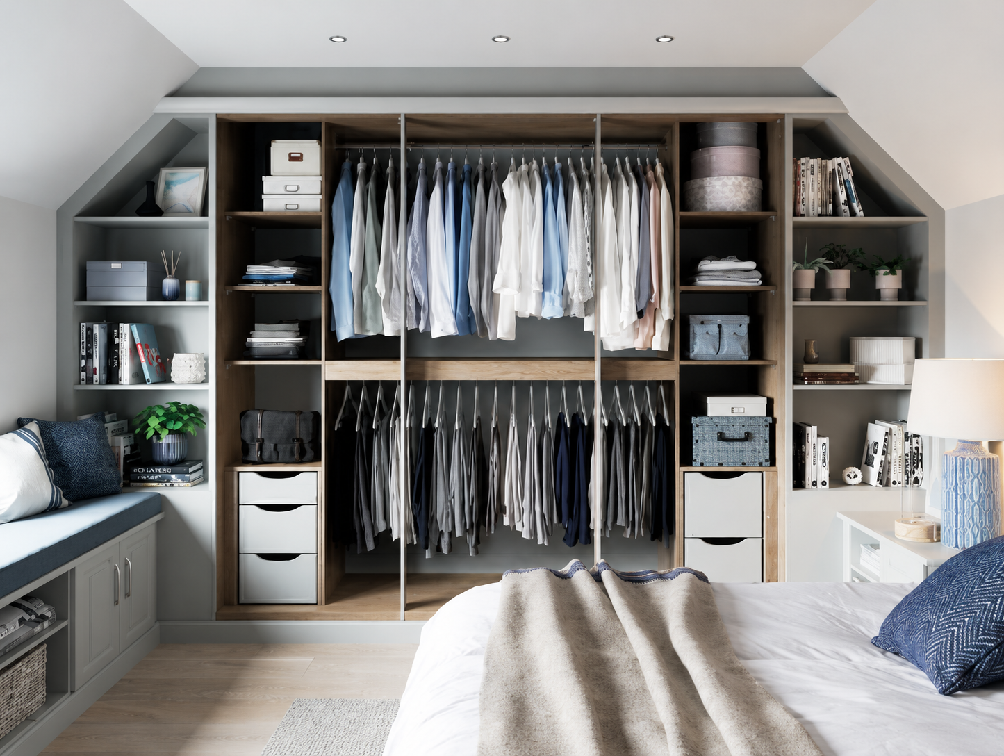 A neatly organized closet with hanging shirts and pants, surrounded by shelves with books, storage boxes, and decorative items in a bedroom.