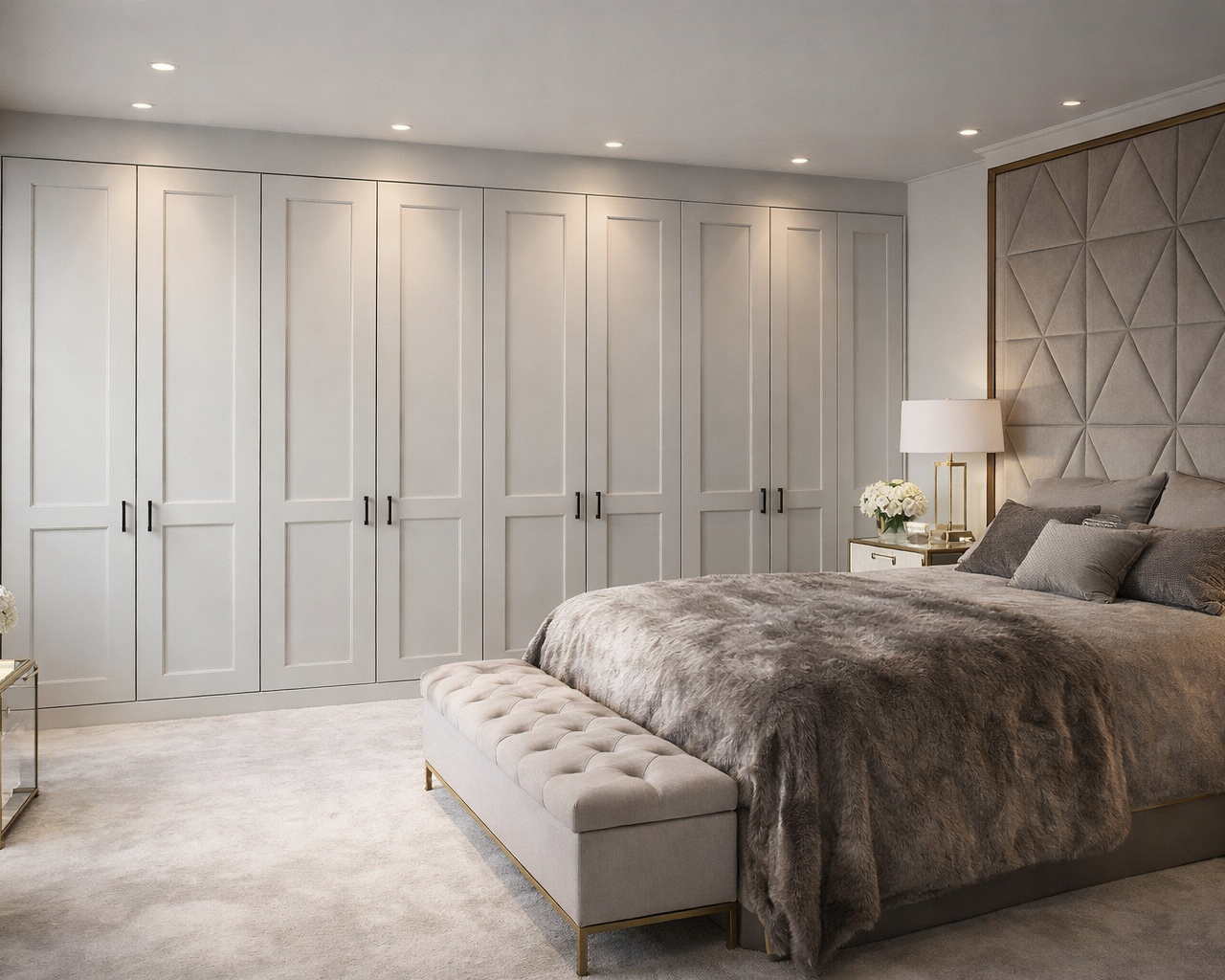 A bedroom with a large bed covered in a grey fur blanket, a tufted bench at the foot of the bed, and a nightstand with a table lamp, flowers, and a clock. There are white closet doors along one wall and a padded headboard.