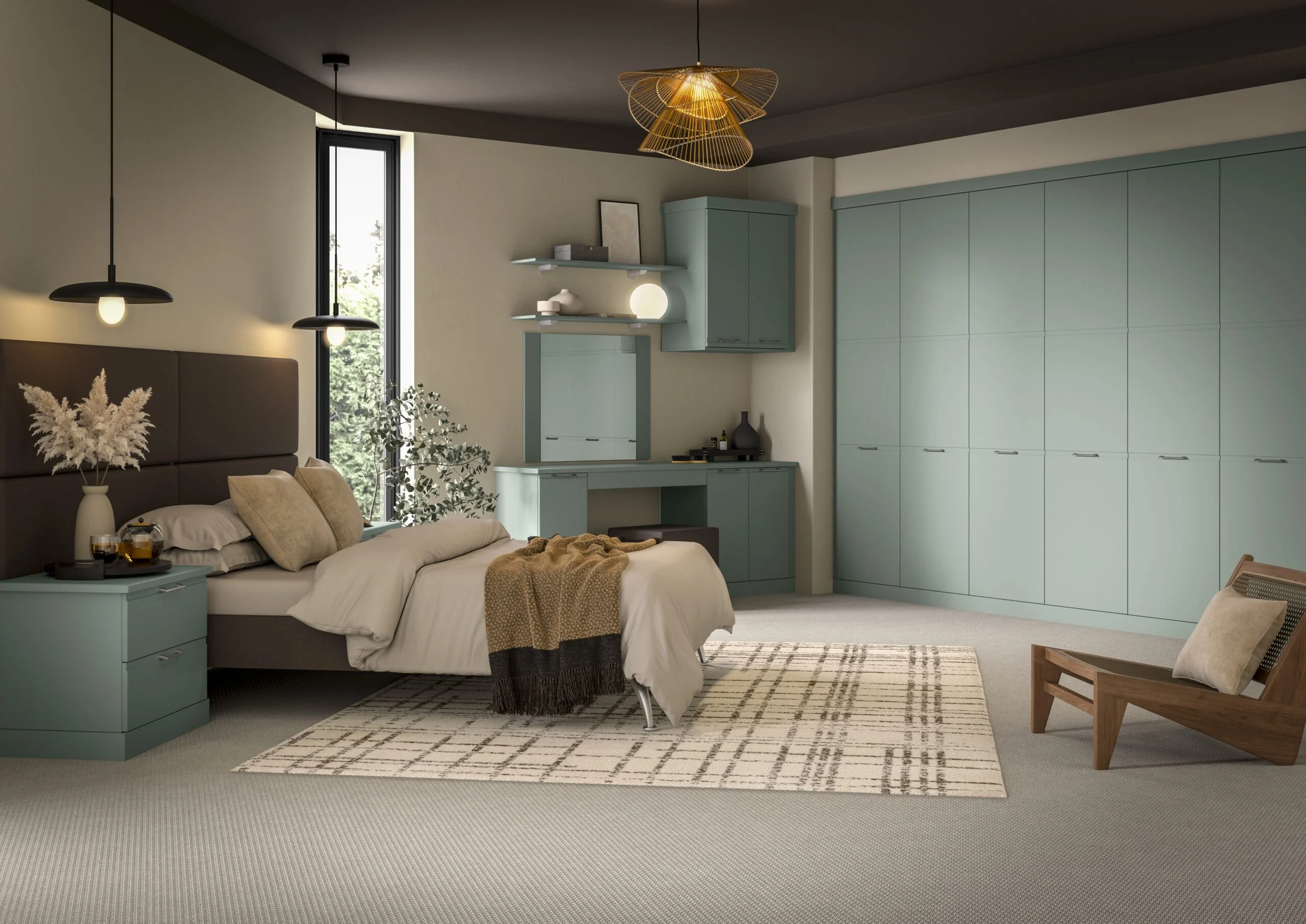 A modern bedroom with a bed, a nightstand, a chair, and built-in storage. The room features neutral tones with teal cabinetry, a patterned rug, and contemporary lighting fixtures.