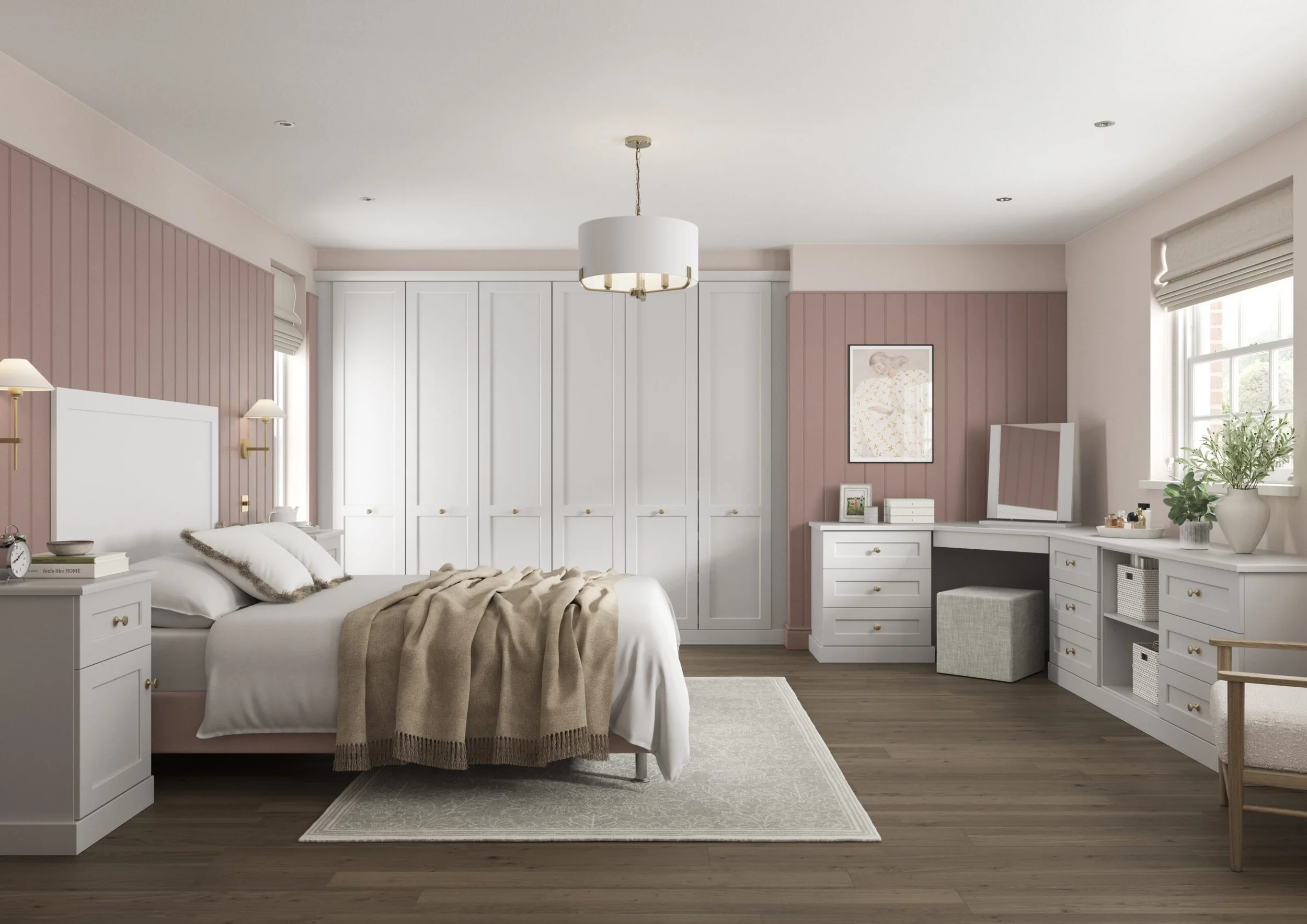 A modern bedroom with a white bed, beige blanket, pink and white paneled walls, white closet doors, a white dresser with mirrors, artwork, plants, and large windows with blinds.