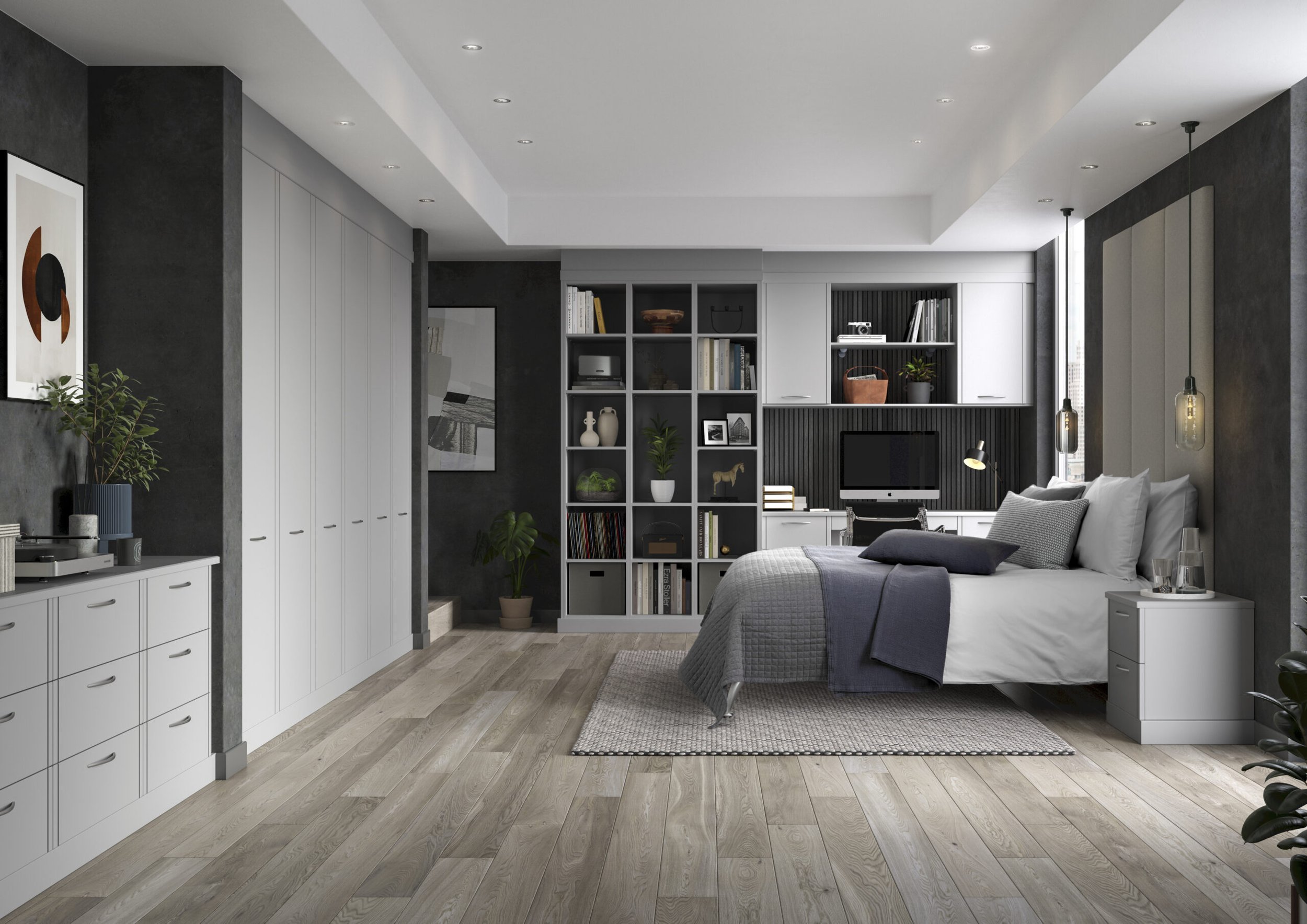 Modern bedroom with gray and white decor, wooden flooring, bed with gray quilt and pillows, a white nightstand with glass, a built-in shelf with books and decorative items, black pendant lights, and large windows with natural light.