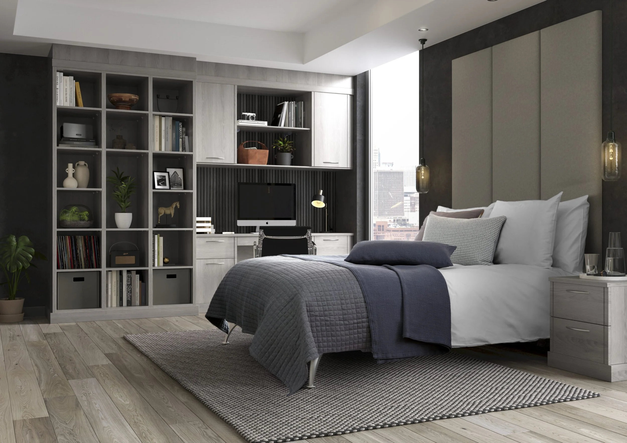 Modern bedroom with a bed, dark blue bedding, and pillows, a large window, a workspace with a computer, bookcases, and decorative items.