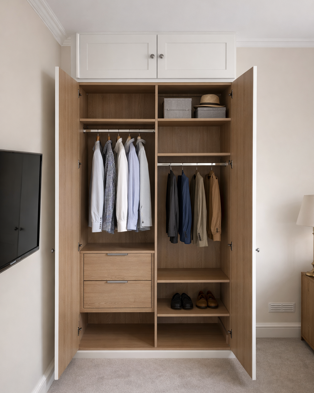 Open wardrobe with hanging shirts and jackets, shelves with storage boxes and hats, and shoes on lower shelves.