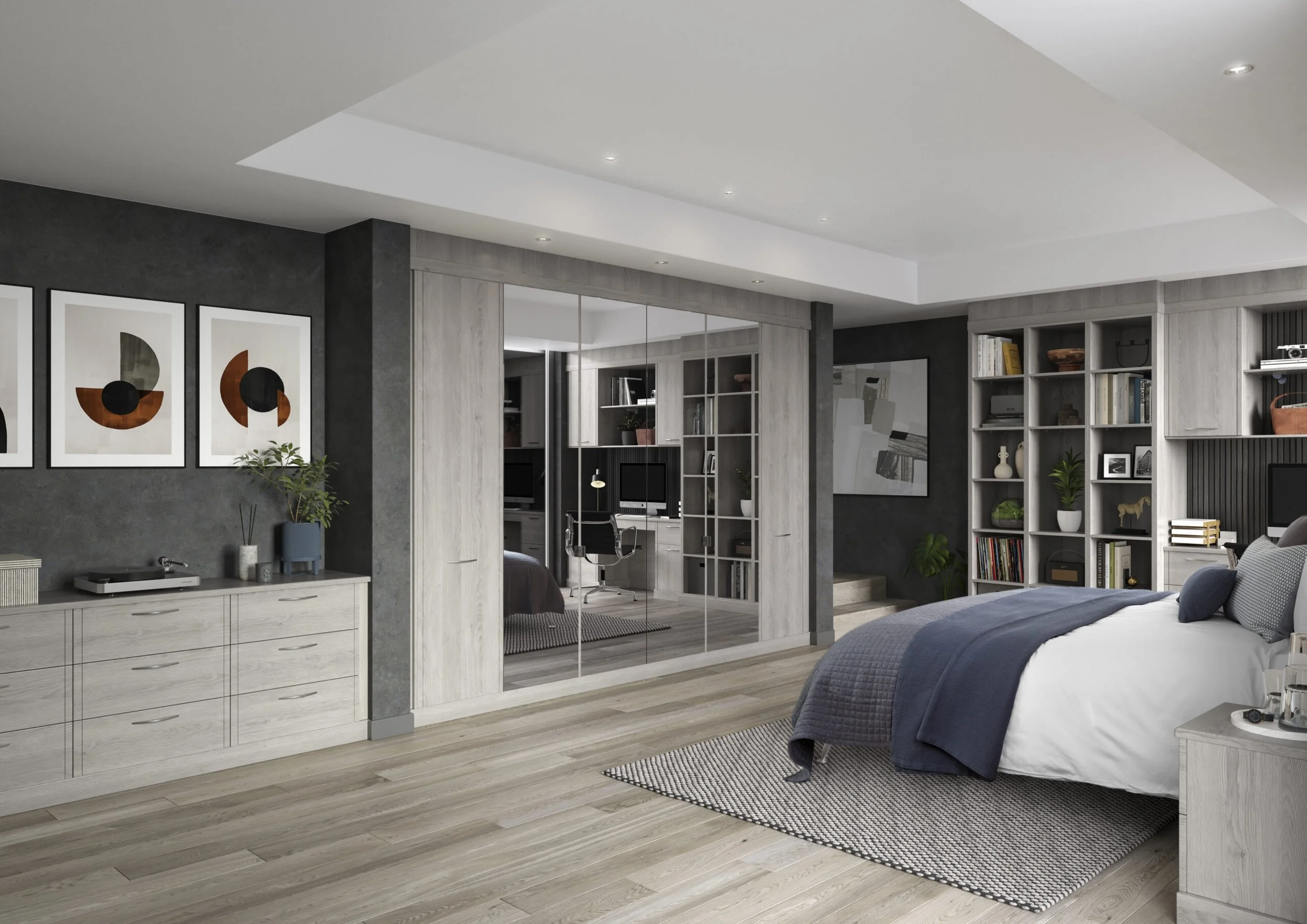 Modern bedroom with a bed, dresser, abstract art on the wall, and a bookshelf.