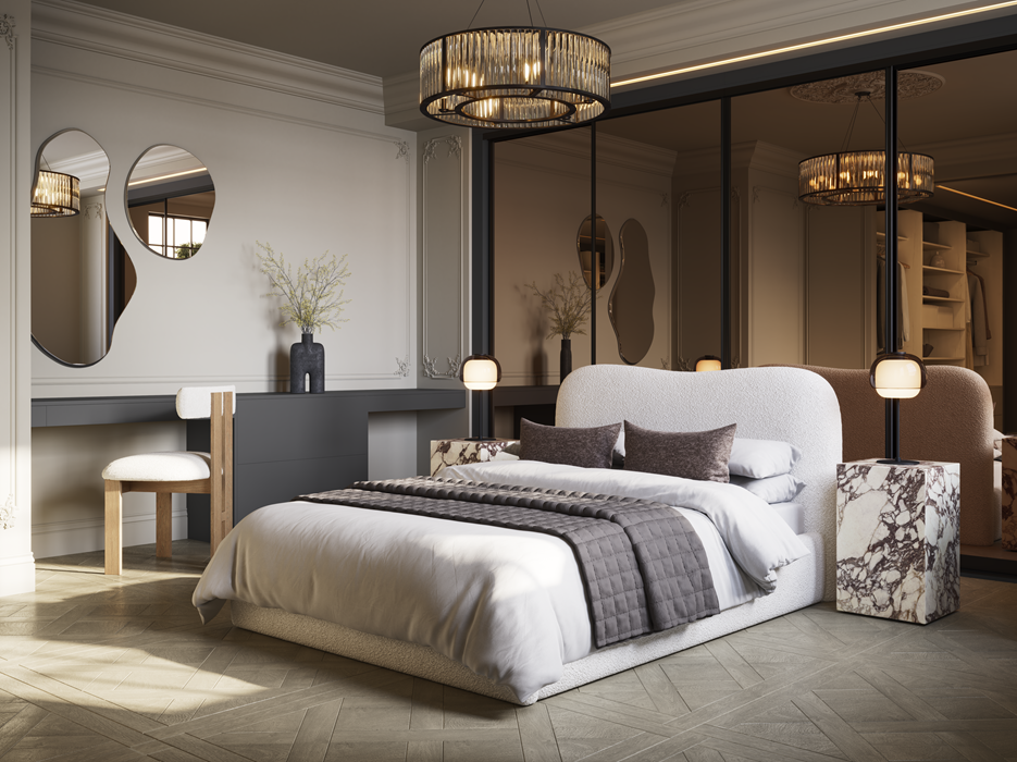 Modern bedroom with a large bed, marble side tables, and two pendant lights. The room has a neutral color palette, mirrors on the wall, and a closet with open shelves.