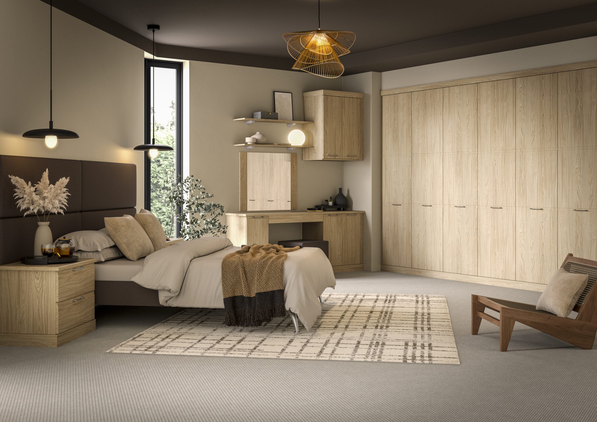 Modern bedroom with beige and light wood decor, featuring a bed with beige pillows and blanket, a nightstand with a vase of dried flowers, black pendant lights, and a large wood wardrobe. A patterned rug is on the beige carpeted floor near a wooden c