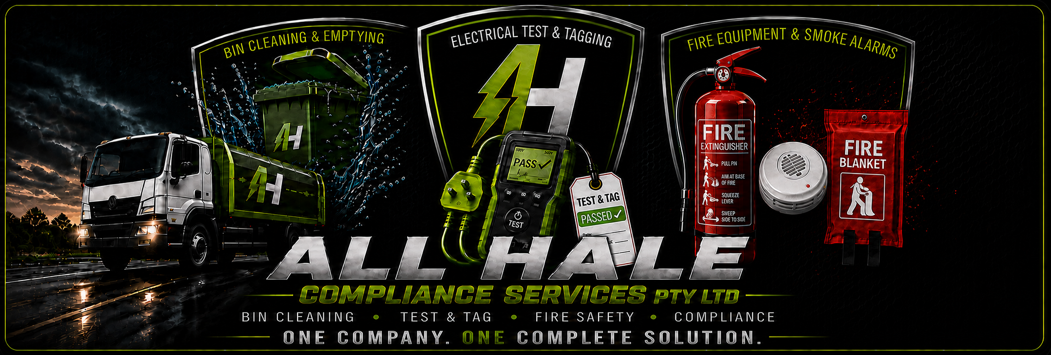 All Hale Compliance Services banner showing bin cleaning, electrical test and tag, fire safety equipment and a smoke alarm.