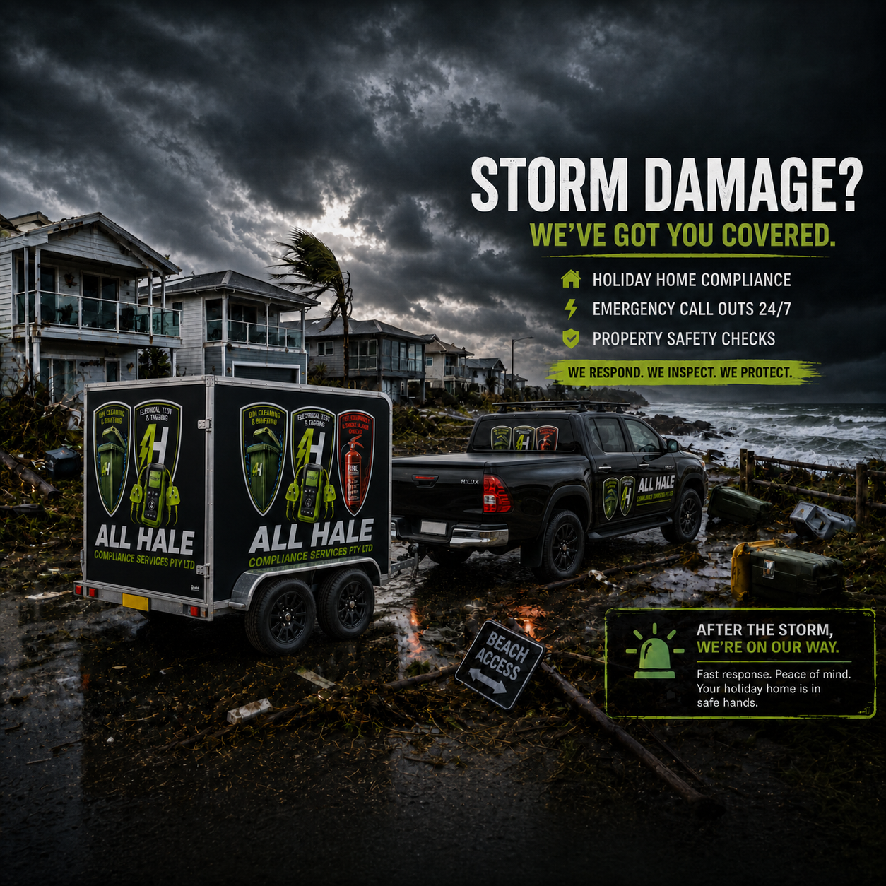 Stormy coastal scene with damaged houses, a truck with company branding, debris on the ground, and storm damage protection advertisement overlay.