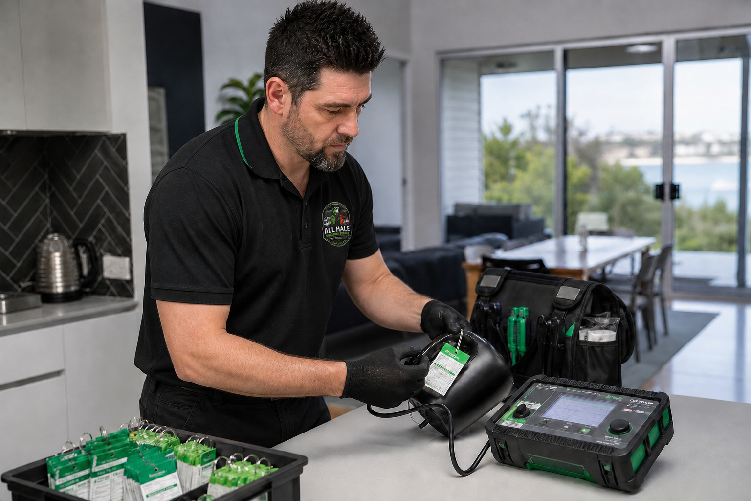 All Hale technician in the approved company-logo polo testing and tagging a portable electrical appliance.