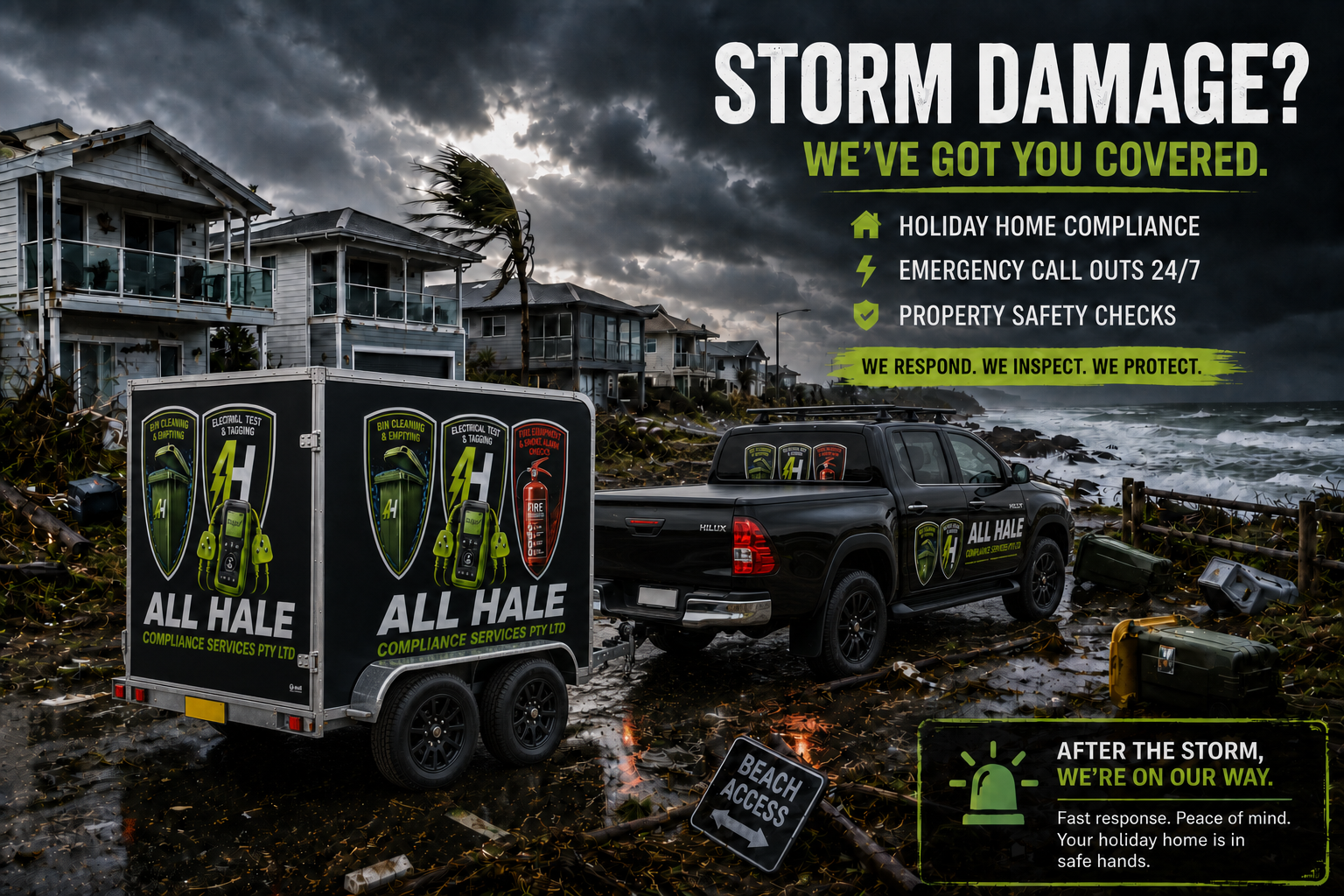 A stormy beach scene with damaged houses and debris, featuring a mobile service trailer and pickup truck advertising storm damage inspection and safety checks. The trailer and truck display logos and slogans for All Hale Compliance Services, highlighting holiday home compliance, emergency call outs, and property safety checks.