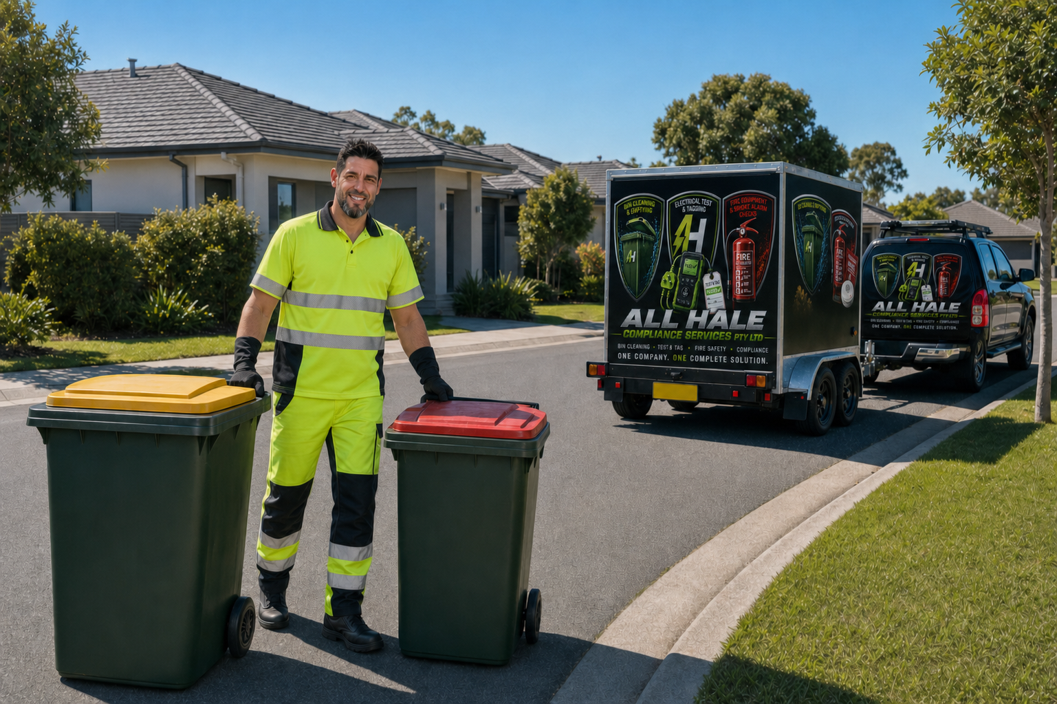 A sanitation worker in a neon yellow uniform standing outdoors next to two trash bins, with a moving vehicle advertising compliance services parked on the street behind him in a residential neighborhood.