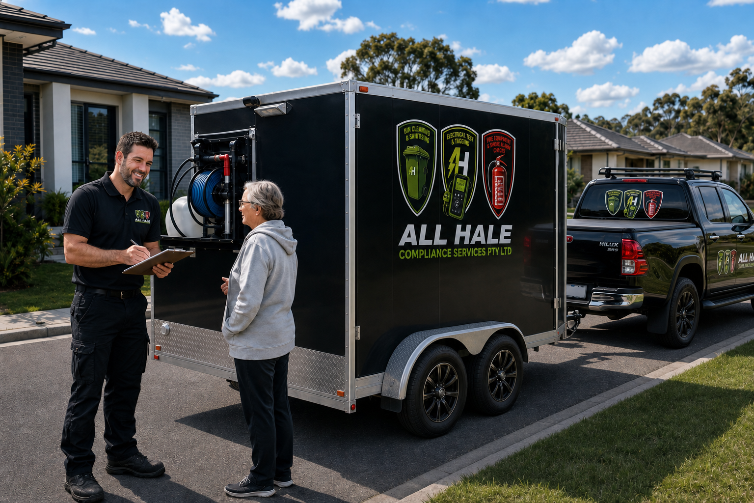 A technician and a customer talking outside a black mobile service trailer with the company name 'All Hale Compliance Services PTY Ltd' and gear icons on it, parked in front of residential houses on a sunny day.