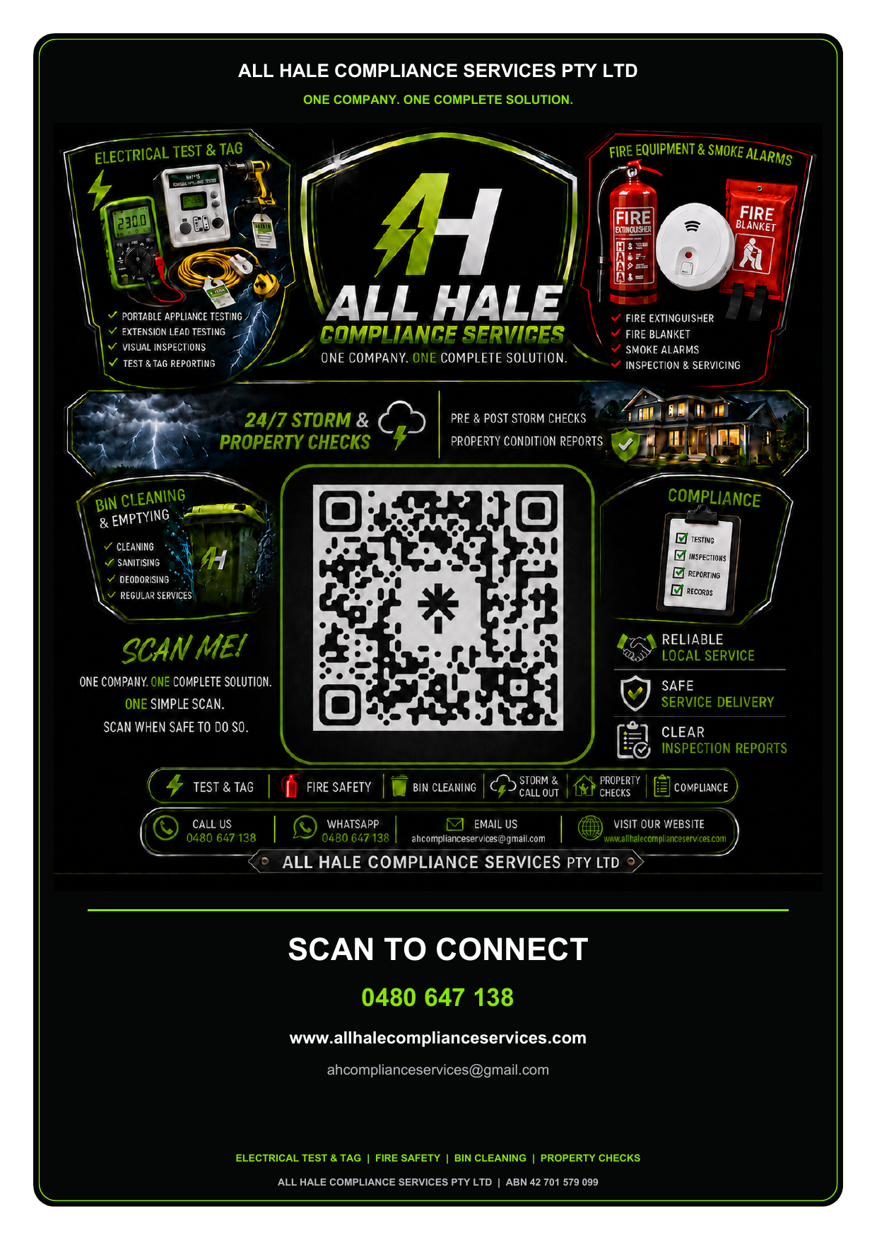 All Hale Compliance Services flyer with the company QR code, contact details, electrical test and tag, fire safety, bin cleaning and property checks.