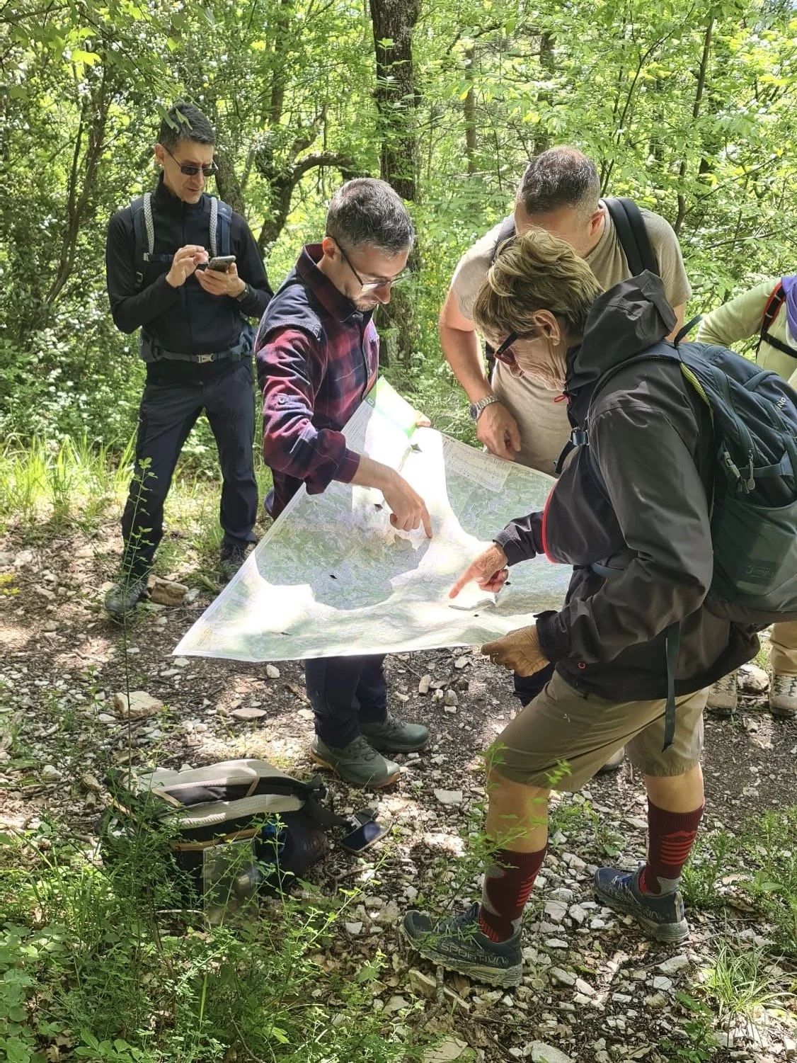 Gruppo di persone in escursione che esplora un bosco, consultando una mappa dettagliata.