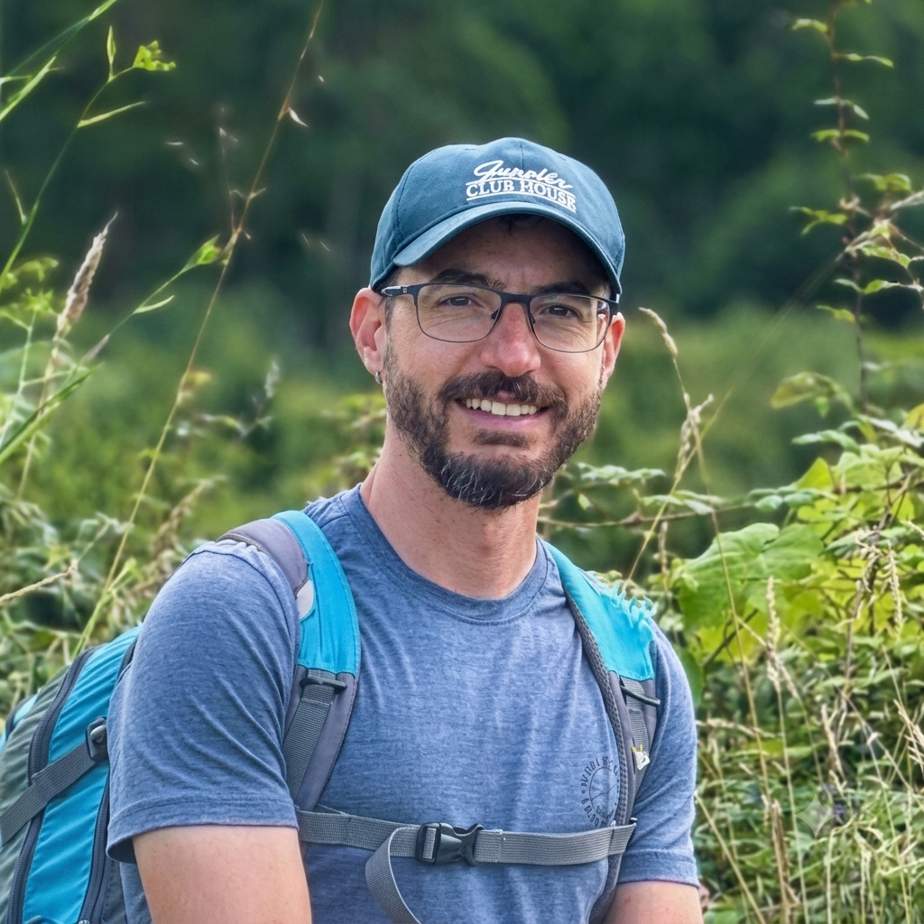 Simone Belfioretti, guida ambientale escursionistica, in abbigliamento da escursione con zaino e cappellino, sorride in un ambiente naturale con vegetazione verde.