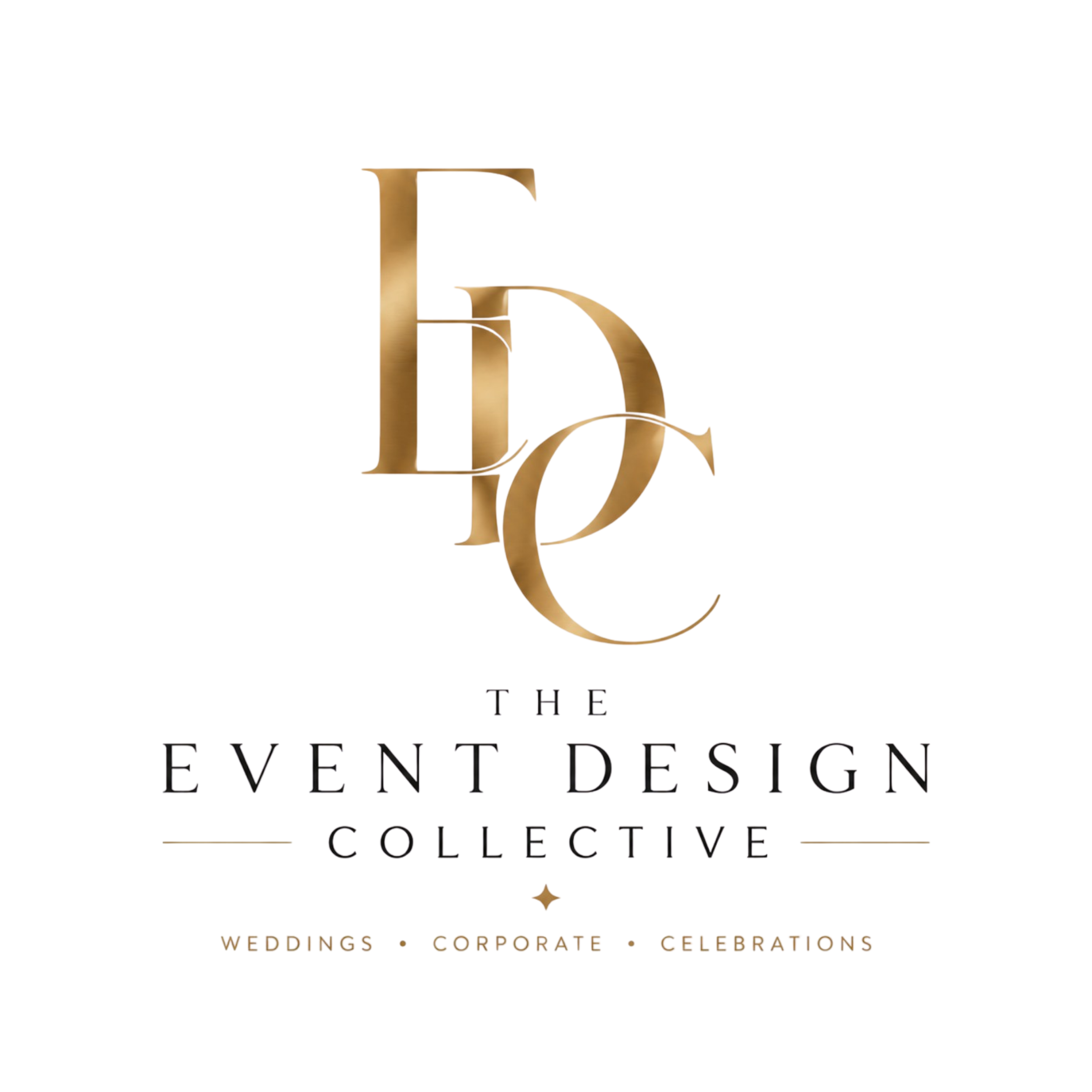 Gold-colored letters spelling 'the', 'event', and 'celebration' with smaller text underneath mentioning wedding, corporate, and celebrations, and colorful accents.