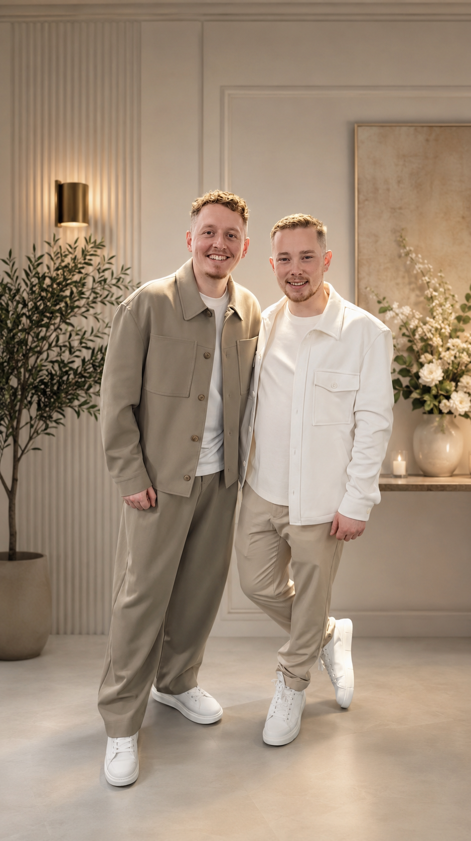 Two men standing close together indoors, smiling, with plants and flowers in the background.