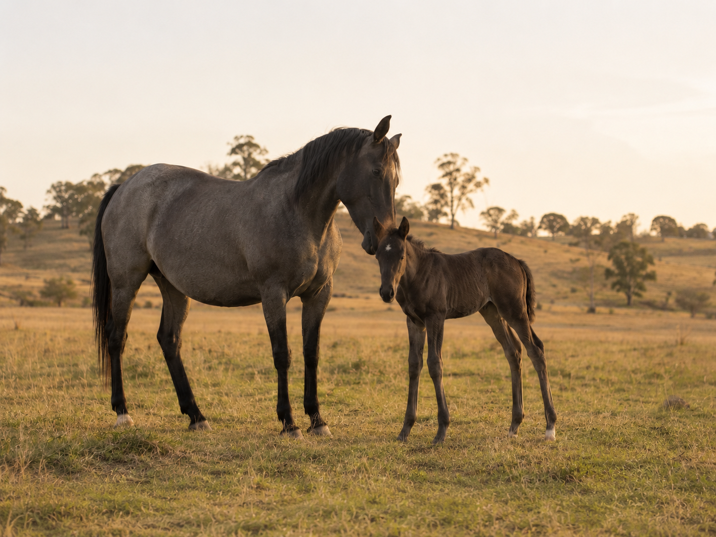 Dark roan Quarter Horse mare with foal in a paddock at Cadence Quarter Horses in NSW
