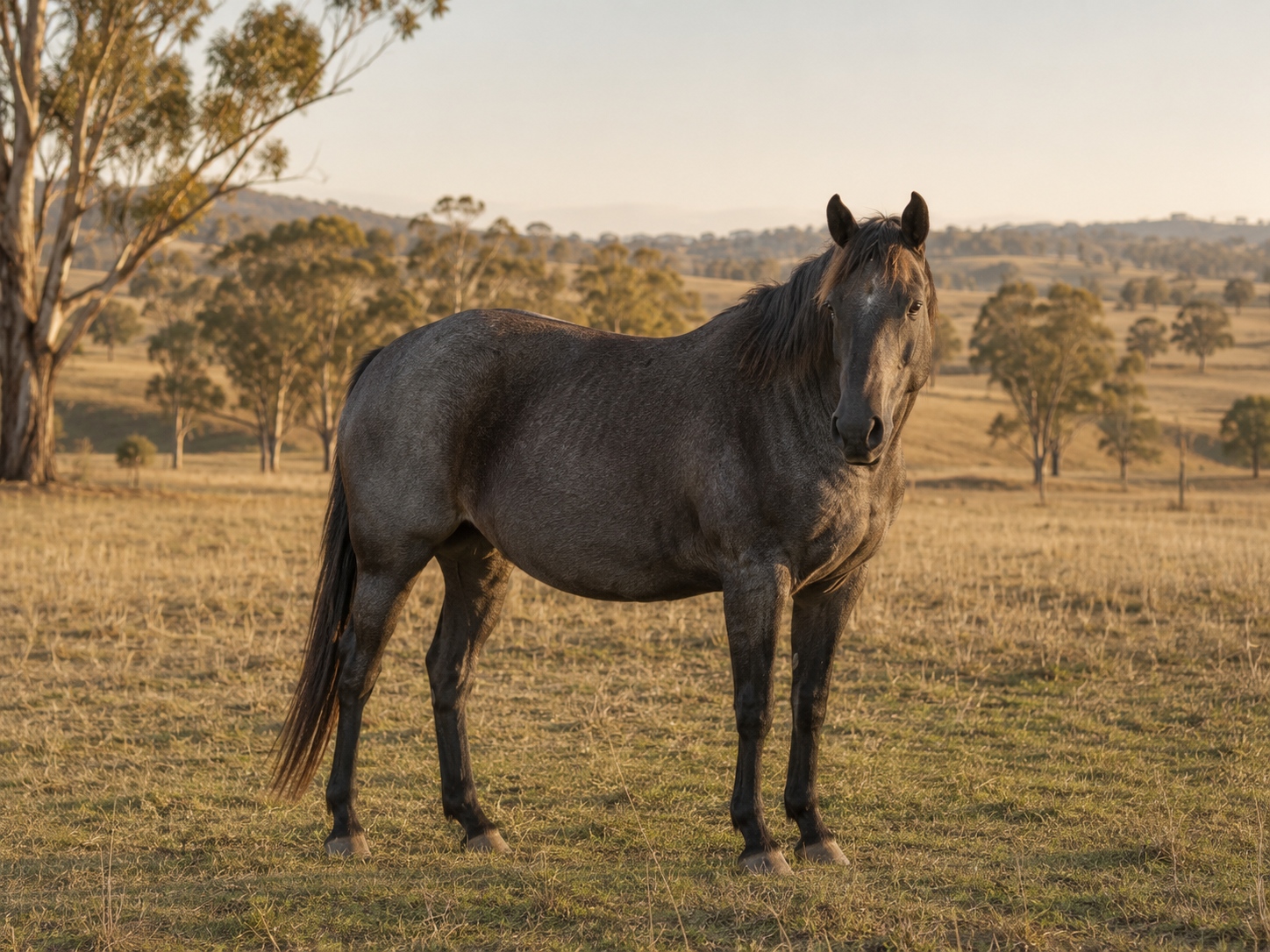 Blue roan AQHA Quarter Horse broodmare standing in an open paddock in country NSW