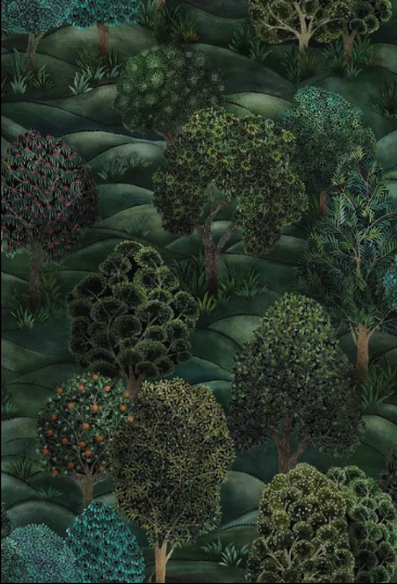 Illustration of a lush, green landscape with various trees and bushes on rolling hills.