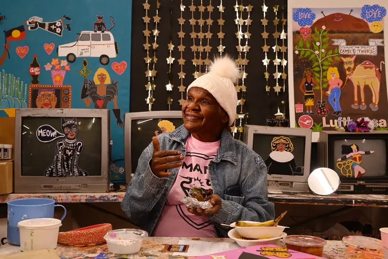Interview with artist Kaylene Whiskey in South Australia. 
Photo: Kate Geraghty