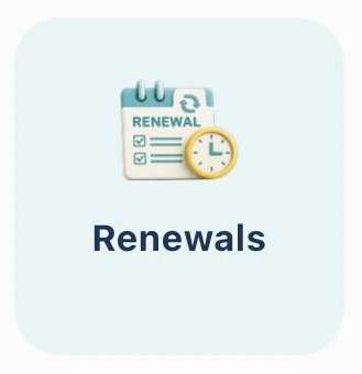 Icon of a calendar marked 'Renewal' with checkmarks and a clock, representing renewals or renewal process.