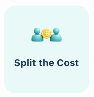 Two stylized figures sharing a gold coin with a dollar sign above them, with the text 'Split the Cost' below.