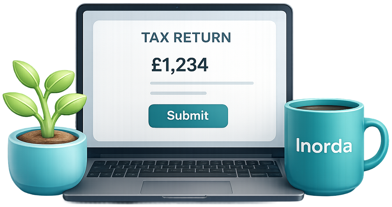 A laptop displaying a tax return form with a amount of £1,234 and a submit button. There is a blue mug with 'Inorda' written on it and a small potted plant with green leaves in a blue pot.