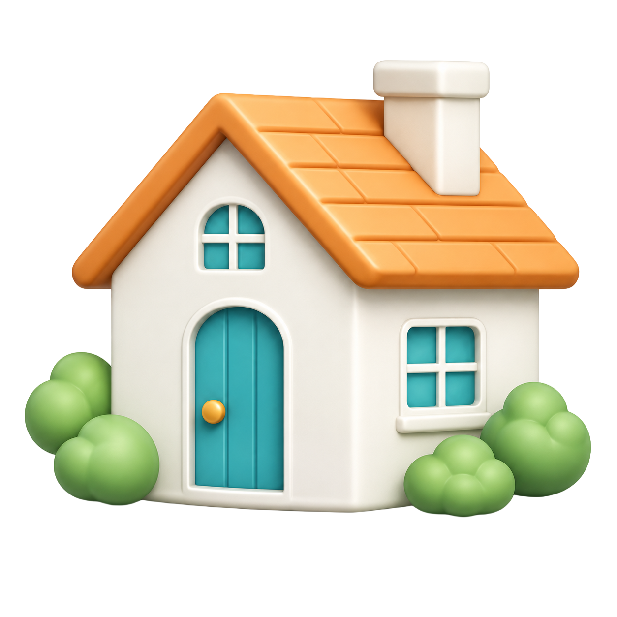 A small, stylized toy house with a white exterior, an orange shingle roof, and blue window and door details, surrounded by green bushes.