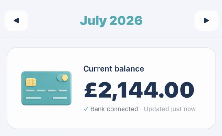 Screenshot of a digital banking app showing a current balance of 2,144 pounds in July 2026.