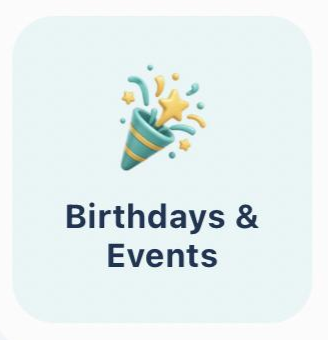 Celebration icon with a party popper, stars, and confetti, labeled "Birthdays & Events."