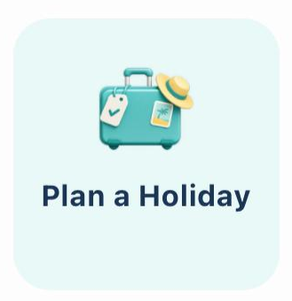 Luggage with a straw hat and travel stickers, with text 'Plan a Holiday'.