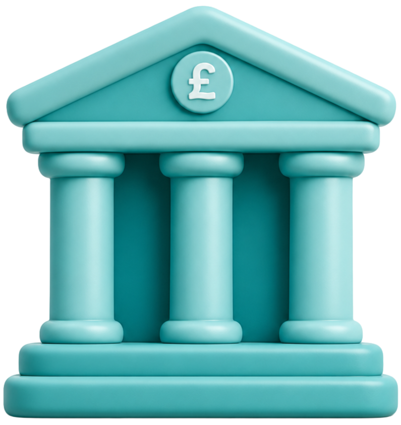 A teal-colored toy bank shaped like a classical government building with columns, a triangular pediment, and a British pound symbol on the front.