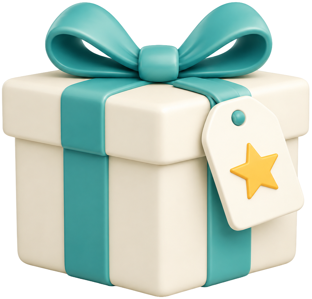 A white gift box decorated with a teal ribbon and bow, with a white gift tag featuring a yellow star.