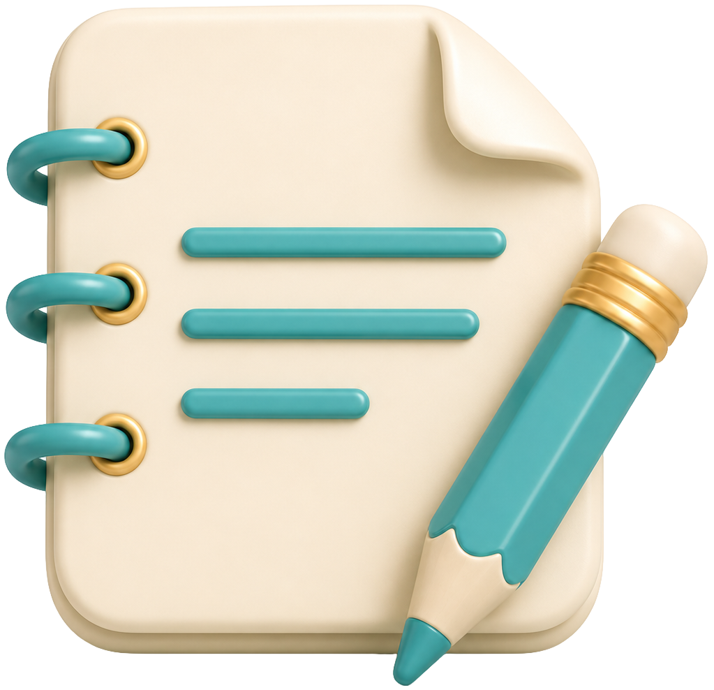 A 3D illustration of a notebook with a pen attached, designed with pastel colors, featuring three horizontal lines on the page.
