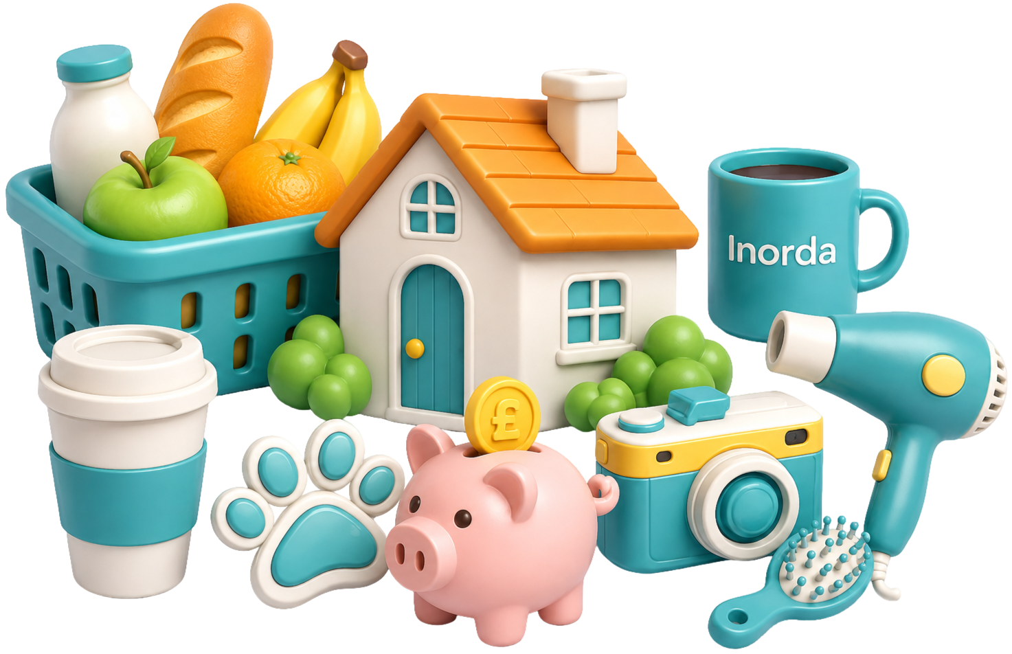 Toy collection including a small house, green apple, oranges, bananas, a milk bottle, a coffee cup, a pink piggy bank with a pound sign coin, a camera, a lint roller, a hairdryer, a paw print, a hairbrush, and a basket of fruits.