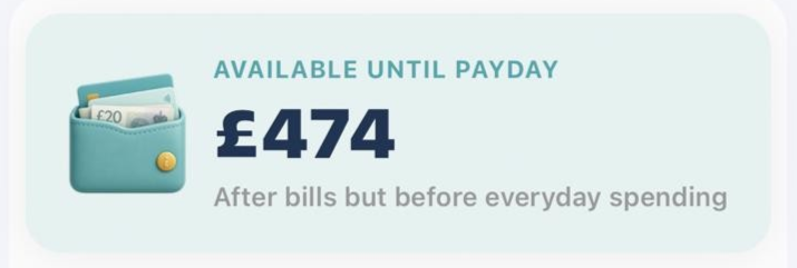 Digital display showing £474 available until payday after bills but before everyday spending, with wallet icon and cash.